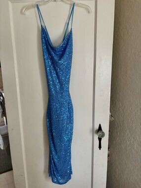 Windsor Blue Sequin Midi Slip Dress open back